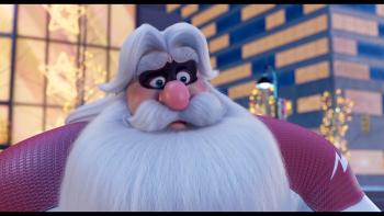 SuperClaus movie: Animated Super Santa wears a mask and looks surprised 