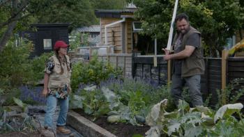 Swede Caroline: Jo Hartley stands in a vegetable garden shouting at Celyn Jones, who holds a sword aloft