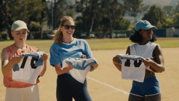 Sweet Dreams: Three women (Sarah Tipper, Kate Upton, Ashley Hogan) hold softball T-shirts on a baseball field