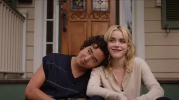 Sweethearts: Nico Hiraga and Kiernan Shipka on steps.