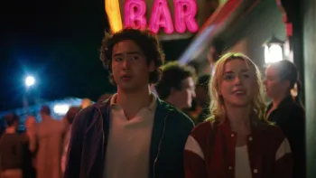 Sweethearts: Nico Hiraga and Kiernan Shipka outside a bar.