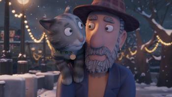 Tabby McTat: A gray tabby cat sits on a bearded man's shoulder as they exchange a warm look in a snowy, festive park decorated with lights