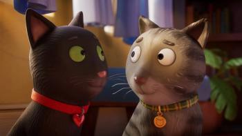 Tabby McTat: A black cat with a red heart collar and a gray tabby cat with a gold tag gaze at each other warmly in a cozy, sunlit room