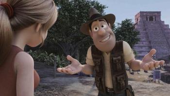 Tad the Lost Explorer and the Emerald Tablet: Tad, with a hat and a vest, shrugs his shoulders while talking to someone else