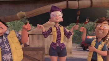 Tad the Lost Explorer and the Emerald Tablet: Two male and one female archeology wearing vests and shorts are holding brushes