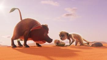 Tafiti: Across the Desert movie: Tafiti and Bristles bend down to look at a mouse inside of a melon