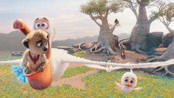 Tafiti: Across the Desert movie: Tafiti soars the sky inside a pelican's mouth while holding three blue flowers