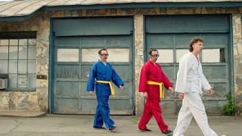 Tapawingo movie: Jon Heder leads George and Paul Psarras while walking in karate gis