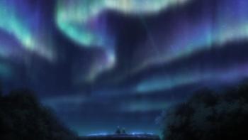 That Time I Got Reincarnated Movie: Gobta sits next to Lady Yura under the purple, blue, and teal Northern Lights