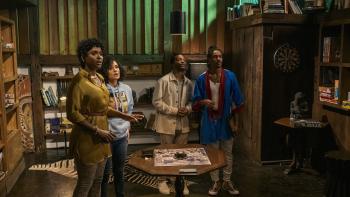 The Blackening Movie: Antoinette Robertson, Grace Byers, Jermaine Fowler, and Dewayne Perkins are inside the house, scared