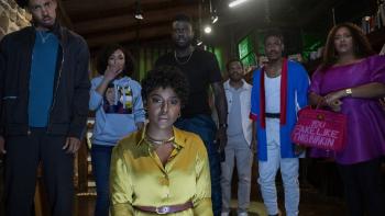 The Blackening Movie: Melvin Gregg, Grace Byers, Antoinette Robertson, Sinqua Walls, and others look in disbelief