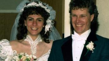 The Carman Family Deaths movie: Wedding photograph of bride Linda Carman in white dress left and groom Clark Carman in suit right