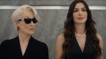 The Devil Wears Prada 2 movie: Meryl Streep and Anne Hathaway stand together in an elevator