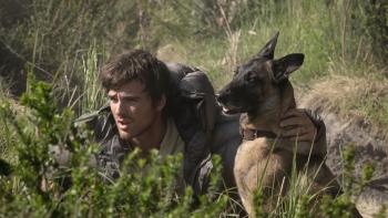 The Dog Stars movie: Jacob Elordi crouches in the bushes with a German Shepard