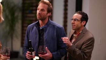 The Donor Party Movie: Ryan Hansen and Dan Ahdoot both try to talk to Malin Akerman at a party