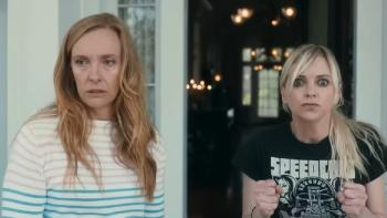 The Estate: Toni Collette and Anna Faris stand in front of a front door looking stressed.