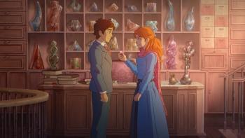 The Glassworker movie: Vincent faces Alliz in the Oliver Glass shop as Alliz holds up a whimsy