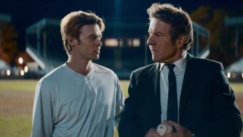 The Hill Movie: A young White male baseball player talks to a middle-aged White man holding a baseball