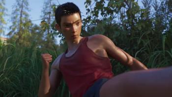 The Kung Fu Kid movie: A Juan kicks his left leg in an abandoned lot with high grass