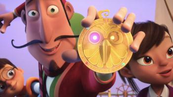 The Land of Sometimes movie: The Wish Collector holds up the wish watch in front of Alfie and Elise
