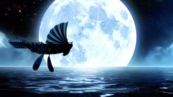 The Land of Sometimes movie: The Wish Collector’s ship flies over the ocean at night with the moon high in the sky