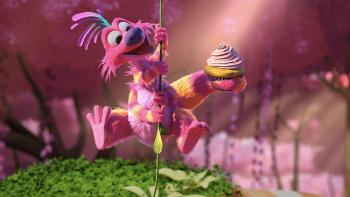 The Land of Sometimes movie: Fleagal hangs from a vine while his tail is wrapped around a cupcake