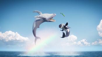 The Last Whale Singer movie: A humpback whale, an orca, and a remora flip through the air above the ocean