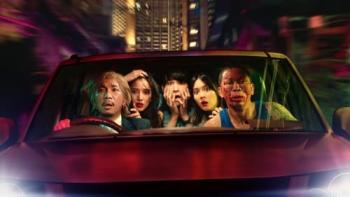 The Lost Lotteries movie: 5 Thai people sit in car looking at camera with surprised expressions