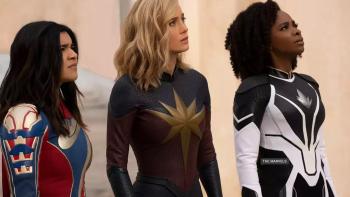 The Marvels Movie: Kamala Khan, Carol Danvers, and Monica Rambeau stand together, looking up