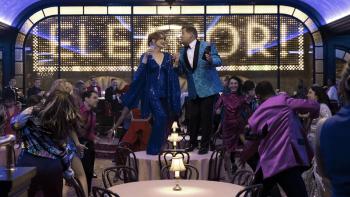 The Prom movie: Meryl Streep and James Corden dancing on top of a table.