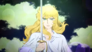 The Rose of Versailles movie: A long-haired blond woman in white shirt center holds up fencing sword in front of her with clouds behind her