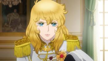 The Rose of Versailles movie: A long-haired blond woman in 18th century French military regalia with golden shoulder tassels center