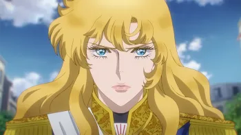 The Rose of Versailles movie: A long-haired blond woman in 18th century French military regalia with golden shoulder tassels center stands outside
