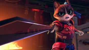 The Royal Cat movie: Cat samurai in red armor right points sword blade forward amidst dark and fiery ship