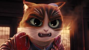 The Royal Cat movie: A cat samurai in red armor growls center in front of glowing candles in the dark