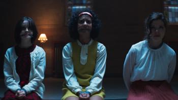 The Sacrifice Game movie: 3 young women have mouths and hands bound as they look scared