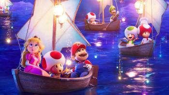 The Super Mario Galaxy Movie: Mario, Toad, and Princess Peach sit in a boat watching stars fall