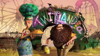The Twits: Mr. and Mrs. Twit stand in front of the entrance to their amusement park, Twitlandia