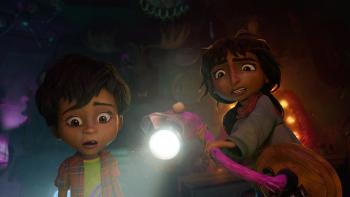 The Twits: Bubsy and Beesha stare at something illuminated by a pink bird-headed lamp