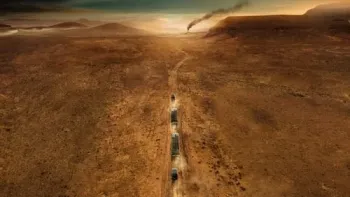 The Wages of Fear movie: A caravan of two jeeps and two trucks drive down the middle of the desert