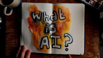 The AI Doc: Or How I Became an Apocaloptimist Movie: A small watercolor picture, in orange and red, asks "What is AI?"