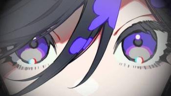 The Ribbon Hero Movie: Close-up of animated character's vibrant purple eyes with black hair partly covering them.