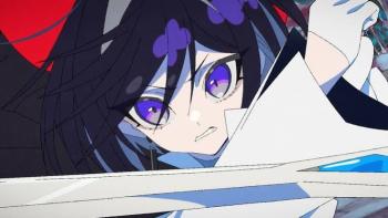 The Ribbon Hero Movie: Anime character with purple eyes wielding a sword in action pose.