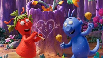 The Smeds and the Smoos: A red alien and a blue alien stand by a tree with a love-heart carved into it