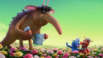 The Smeds and the Smoos: A red and blue alien talk to a large rat-like creature with spines and a long snout