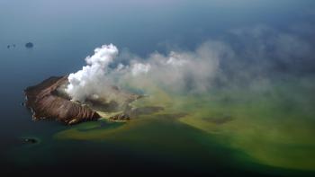 Aerial image of Whakaari/White Island volcano in New Zealand.