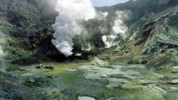 Image of Whakaari/White Island volcano emitting smoke and steam.