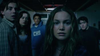 This Is Not a Test Movie: As if shocked, Trace, Grace, Cary, and Rhys all turn to look at Sloane (foreground)