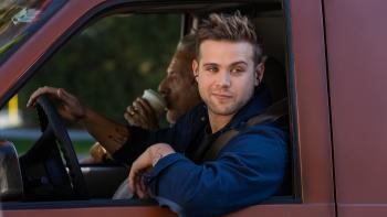 Tuner movie: Leo Woodall smiles from the driver's seat of a van, while Dustin Hoffman sips coffee in the passenger seat