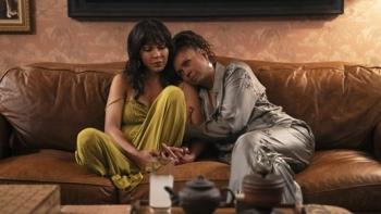 Tyler Perry's Divorce in the Black movie: Meagan Good and Debbi Morgan sit close together on a couch